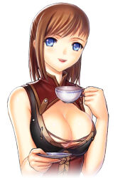 Rule 34 | 1girl, :d, adventurer (ff11), archived source, areola slip, bare shoulders, blue eyes, breasts, brown hair, covered erect nipples, cup, final fantasy, final fantasy xi, holding, holding cup, holding saucer, hume, large breasts, open mouth, saucer, sleeveless, smile, solo, taisai soft, teacup, teeth, upper teeth only