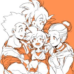 Rule 34 | 1girl, 3boys, age difference, brothers, carrying, chi-chi (dragon ball), child, couple, dougi, dragon ball, dragonball z, family, father and son, food, fruit, happy, hetero, hug, looking at another, looking up, monochrome, mother and son, multiple boys, open mouth, orange (fruit), orange background, short hair, siblings, simple background, size difference, smile, son gohan, son goku, son goten, spiked hair, white background, white theme
