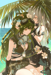 Rule 34 | 2girls, arknights, bare shoulders, black bra, black gloves, bra, breasts, cleavage, cowboy shot, day, dreadlocks, favilia, fingerless gloves, flower, gavial (arknights), gavial the invincible (arknights), gloves, goggles, goggles on head, green skirt, grey hair, jewelry, long hair, mask, mask around neck, medium breasts, midriff, multiple girls, navel, necklace, official alternate costume, open hand, outdoors, pointy ears, sitting, skirt, smile, thighs, tomimi (arknights), underwear, water, white flower, yellow eyes