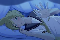Rule 34 | 1boy, bass clef, black collar, blanket, blonde hair, blue eyes, blush, collar, collared shirt, commentary, furrowed brow, hand up, kagamine len, looking at viewer, lying, male focus, necktie, nervous, nokuhashi, on side, open mouth, outstretched hand, pillow, school uniform, shirt, short sleeves, solo, spiked hair, under covers, vocaloid, white shirt, yellow necktie
