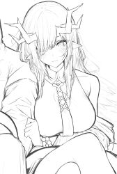 Rule 34 | 1girl, 1other, absurdres, arknights, bead bracelet, beads, blush, bracelet, breasts, cleavage cutout, clothes grab, clothing cutout, crossed legs, dragon girl, dragon horn, dusk (arknights), earrings, greyscale, hair over one eye, highres, jewelry, large breasts, monochrome, necktie, pointy ears, sitting, sleeve grab, solo focus, tab head, tassel, tassel earrings, unfinished