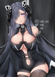 Rule 34 | 1girl, absurdres, august von parseval (azur lane), azur lane, bare shoulders, black dress, black thighhighs, breasts, cleavage, clothing cutout, cross, dress, gloves, grey hair, hair over one eye, highres, horns, iron blood (emblem), iron cross, large breasts, long hair, looking at viewer, mechanical horns, navel cutout, purple eyes, thighhighs, thighs, tini, underboob, very long hair, white gloves