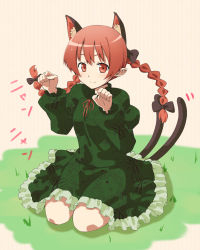 Rule 34 | 1girl, animal ears, aono (anotherk), bad id, bad pixiv id, braid, cat ears, cat girl, cat tail, dress, female focus, highres, kaenbyou rin, paw pose, ragyuo, red eyes, red hair, sitting, smile, solo, tail, touhou, twin braids, twintails