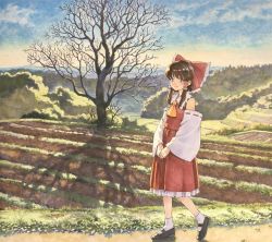 Rule 34 | 1girl, ascot, bare tree, blush, bow, brown eyes, brown hair, bush, closed mouth, cloud, collared shirt, commentary request, crossed legs, detached sleeves, farm, field, frilled bow, frilled shirt collar, frilled skirt, frills, full body, hair bow, hair tubes, hakurei reimu, long skirt, looking at viewer, mountainous horizon, outdoors, own hands together, path, red bow, red shirt, ribbon-trimmed sleeves, ribbon trim, rice paddy, road, shadow, shiratama (hockey), shirt, short hair, sidelocks, skirt, skirt set, sky, sleeveless, sleeveless shirt, smile, solo, tareme, touhou, traditional media, tree, walking, watson cross, yellow ascot