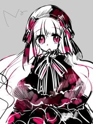 Rule 34 | 10s, 1girl, capelet, dress, fate/extra, fate/grand order, fate (series), grey background, hat, long hair, monochrome, nursery rhyme (fate), open mouth, purple eyes, ribbon