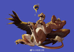 Rule 34 | 1boy, abs, absurdres, animal ears, arms behind back, ball, bara, beard, centauroid, convenient censoring, dark-skinned male, dark skin, facial hair, feathered wings, griffin, highres, large pectorals, lion boy, lion ears, lion tail, long sideburns, looking at viewer, lying, male focus, motion lines, muscular, muscular male, nipples, on back, original, pectorals, penis, penis peek, personification, sharp toenails, short hair, sideburns, smile, solo, stomach, tail, taur, toenails, volleyball, volleyball (object), weibo logo, weibo watermark, wings, xiaolumiaoliya