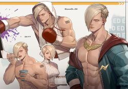 1boy 1girl abs asymmetrical_hair barcode barcode_tattoo bare_pectorals blonde_hair blue_hoodie border boxing_gloves cake character_name closed_mouth crocodile_2023 eating ed_(street_fighter) falke_(street_fighter) food gloves groin hair_over_one_eye holding holding_cake holding_food hood hood_down hoodie jewelry looking_ahead looking_at_another male_focus multicolored_clothes multicolored_hoodie multiple_views muscular muscular_male navel necklace official_alternate_costume open_clothes open_hoodie open_mouth outstretched_arm pectorals punching red_hood shirt shoulder_tattoo sleeveless sleeveless_hoodie street_fighter street_fighter_6 tattoo topless_male turtleneck twitter_username unzipped veins veiny_arms white_hoodie white_shirt zipper