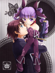 Rule 34 | 1boy, 1girl, alternate costume, alternate hairstyle, asbel lhant, bare shoulders, black gloves, blue eyes, carrying, choker, couple, curly hair, formal, gloves, hair ribbon, hetero, kogito, long hair, official alternate costume, profile, purple eyes, purple hair, purple thighhighs, red hair, ribbon, scabbard, sheath, shoes, sophie (tales), suit, tales of (series), tales of graces, thighhighs, twintails