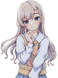 Rule 34 | 1girl, absurdres, animal ears, blush, braid, braided bangs, buttoned cuffs, buttons, cardigan vest, grey eyes, grey hair, highres, hisakawa hayate, idolmaster, idolmaster cinderella girls, jewelry, kaishinshi, long hair, looking at viewer, necklace, shirt, simple background, skirt, smile, solo, upper body, white background