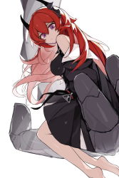 Rule 34 | 1girl, absurdres, arknights, bare legs, bare shoulders, barefoot, black dress, black jacket, breasts, closed mouth, cracked skin, dress, giant, highres, holding person, jacket, large breasts, long hair, looking at viewer, off shoulder, open clothes, open jacket, purple eyes, red hair, shiershishisanfen, simple background, size difference, solo, surtr (arknights), very long hair, white background
