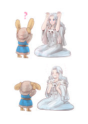 Rule 34 | 1girl, 1other, 2koma, ?, ^ ^, ^o^, androgynous, animal ears, arms up, blue dress, blue eyes, boots, braid, brown footwear, brown headwear, capelet, closed eyes, comic, commentary, dress, final fantasy, final fantasy xiv, from side, full body, grey capelet, grey hair, grey robe, grin, half updo, hands up, happy, hood, hood down, hooded capelet, imitating, linco sakano, long hair, looking at another, loporrit, mask, mask around neck, unworn mask, rabbit ears, rabbit pose, robe, seiza, simple background, single braid, sitting, smile, standing, turban, venat (ff14), wavy hair, white background, wide sleeves