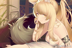 Rule 34 | 1girl, animal ear fluff, animal ears, arknights, armlet, barefoot, blonde hair, blurry, blurry background, breasts, bright pupils, closed mouth, couch, depth of field, dress, from side, highres, indoors, jiusan naitang, looking at viewer, medium breasts, nearl (arknights), ponytail, sample watermark, sideboob, sidelocks, sitting, smile, solo, strap gap, tail, watermark, weibo watermark, white dress, white pupils, yellow eyes