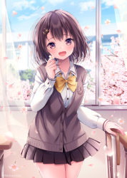 Rule 34 | 1girl, :d, black hair, black skirt, blush, bow, branch, brown eyes, cardigan vest, chair, cherry blossoms, collared shirt, commentary request, curtains, day, desk, dress shirt, flower, hand up, holding, holding flower, indoors, long sleeves, looking at viewer, nemuri nemu, open mouth, open window, original, pleated skirt, school chair, school desk, school uniform, shirt, skirt, smile, solo, standing, transparent, white flower, window, yellow bow