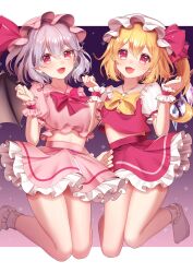 2girls adapted_costume bat_wings blonde_hair breasts collarbone crystal_wings fang flandre_scarlet hat highres long_hair miniskirt mob_cap momoyama_riyo multiple_girls open_mouth pink_hat pink_shirt pink_skirt purple_hair red_eyes red_shirt red_skirt remilia_scarlet shirt short_hair siblings side_ponytail sisters skin_fang skirt small_breasts touhou white_hat wings