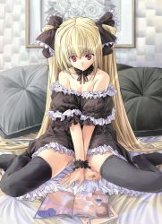 Rule 34 | 00s, 1girl, :o, bare shoulders, black cat (series), black thighhighs, blonde hair, breasts, choker, cleavage, collarbone, dress, eve (black cat), feet, goth fashion, gothic lolita, kiyama satoshi, lingerie, lolita fashion, painting (object), panties, pillow, red eyes, ribbon, small breasts, solo, thighhighs, twintails, underwear, white panties, zettai ryouiki