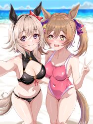Rule 34 | 2girls, animal ears, bikini, breasts, brown hair, cleavage, closed mouth, collarbone, commentary request, competition swimsuit, covered navel, curren chan (umamusume), grey hair, groin, hair ornament, highres, horse ears, horse girl, horse tail, looking at viewer, medium breasts, medium hair, multiple girls, ocean, one-piece swimsuit, selfie, smart falcon (umamusume), swimsuit, tail, tsukiyuki mike, umamusume, v