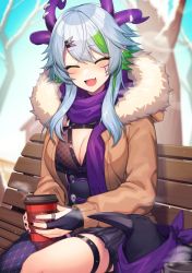 Rule 34 | 1girl, :d, ^ ^, bench, bird, blue hair, breasts, brown coat, apricot the lich, cleavage, closed eyes, coat, commission, crow, cup, closed eyes, facial tattoo, fang, fur-trimmed coat, fur trim, highres, holding, holding cup, horns, kinsenka momi, long hair, medium breasts, on bench, open mouth, outdoors, purple horns, purple scarf, scarf, sitting, skeb commission, skin fang, smile, snow, solo, tattoo, thighs, virtual youtuber, vshojo