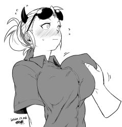 Rule 34 | 1girl, arms behind back, bandana, black horns, blush, grabbing another&#039;s breast, breasts, collared shirt, dated, demon girl, disembodied hand, ear blush, covered erect nipples, eyewear on head, folded ponytail, grabbing, greyscale, groping, helltaker, horns, hug, justice (helltaker), large breasts, monochrome, nose blush, shirt, short hair, short sleeves, solo focus, sunglasses, tsukudani (coke-buta), unaligned breasts, updo