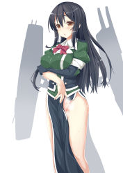 Rule 34 | 10s, 1girl, :o, absurdres, black gloves, black hair, blush, breasts, brown eyes, chikuma (kancolle), elbow gloves, female focus, gloves, highres, kantai collection, large breasts, long hair, looking at viewer, no panties, pelvic curtain, satou (kuso-neet), single elbow glove, single glove, solo