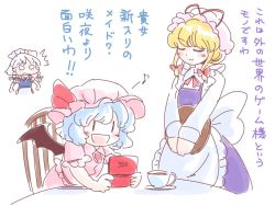 Rule 34 | 3girls, ^^^, alternate costume, apron, bat wings, blonde hair, blue hair, bow, braid, commentary request, cup, enmaided, closed eyes, green bow, hair bow, handheld game console, hat, hat ribbon, itatatata, izayoi sakuya, maid, maid headdress, mob cap, multiple girls, musical note, nintendo 3ds, open mouth, quaver, red ribbon, remilia scarlet, ribbon, simple background, smile, teacup, touhou, translation request, tray, twin braids, waist apron, white background, wings, yakumo yukari, | |
