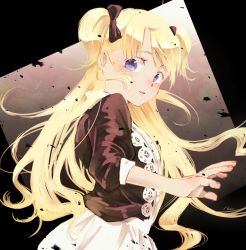 Rule 34 | 1girl, apron, black bow, blonde hair, blush, bow, commentary request, dress, emilico (shadows house), facing viewer, hair bow, highres, long hair, long sleeves, looking at viewer, looking to the side, maid apron, myao mmmsss, parted lips, puffy long sleeves, puffy sleeves, shadows house, solo, standing, swept bangs, two side up, very long hair, white apron, white dress