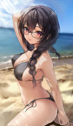 Rule 34 | 1girl, arm behind head, arm up, bare arms, bare shoulders, beach, bikini, black-framed eyewear, black bikini, black hair, blurry, blurry background, braid, breasts, cleavage, closed mouth, day, glasses, highres, long hair, looking at viewer, medium breasts, original, outdoors, red eyes, side-tie bikini bottom, smile, solo, string bikini, sunlight, swimsuit, thighs, tongue, tongue out, twin braids, twintails, wet, yufou