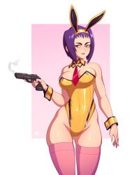 Rule 34 | 1girl, absurdres, animal ears, bare shoulders, between breasts, border, breasts, cleavage, commentary, covered navel, cowboy bebop, curvy, detached collar, english commentary, fake animal ears, faye valentine, glock, gluteal fold, green eyes, gun, hairband, handgun, highleg, highleg leotard, highres, holding, holding gun, holding weapon, leotard, lips, lipstick, makeup, medium breasts, necktie, necktie between breasts, outside border, pink background, pink thighhighs, pistol, playboy bunny, rabbit ears, red necktie, riz, seductive smile, shiny skin, short hair, skin tight, sleeveless, smile, smoke, smoking gun, solo, standing, strapless, strapless leotard, thick thighs, thighhighs, thighs, trigger discipline, weapon, white border, wide hips, wrist cuffs, yellow hairband, yellow leotard