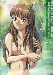 Rule 34 | 1girl, artist request, breasts, brown hair, completely nude, dappled sunlight, forest, green eyes, gundam, gundam wing, highres, japanese text, large breasts, light smile, long hair, nature, navel, nipples, nude, official art, relena peacecraft, solo, standing, sunlight, text focus, topless, tree, very long hair, water, wavy hair, wet