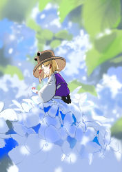 Rule 34 | 1girl, backlighting, black footwear, blonde hair, blue flower, blunt bangs, blunt ends, blurry, blurry background, closed mouth, dappled sunlight, depth of field, dot nose, flower, from behind, hair ribbon, hat, japanese clothes, leaf, loafers, long sleeves, looking at viewer, looking back, medium hair, mini person, minigirl, moriya suwako, on flower, outdoors, parted bangs, purple skirt, purple vest, red ribbon, ribbon, seeker, seiza, shoe soles, shoes, sitting, skirt, skirt set, smile, solo, split mouth, straw hat, sun hat, sunlight, texture, torii, touhou, tress ribbon, vest, white legwear, white sleeves, wide shot, wide sleeves, yellow eyes