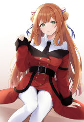 Rule 34 | 1girl, absurdres, alternate costume, arm support, belt, black belt, black necktie, blush, brown hair, buttons, coat, collared shirt, commentary request, double-breasted, ench0, facing viewer, feet out of frame, girls&#039; frontline, green eyes, hair between eyes, hair ribbon, hair rings, highres, long hair, long sleeves, looking at viewer, necktie, off shoulder, red coat, ribbon, shirt, sidelocks, simple background, sitting, smile, solo, springfield (girls&#039; frontline), striped ribbon, white background, white shirt