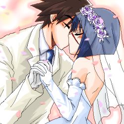 Rule 34 | 00s, blue hair, brown hair, busou renkin, dress, lowres, mutou kazuki, scar, tsumura tokiko, wedding dress