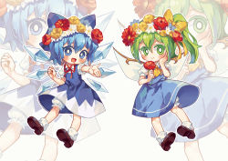 Rule 34 | 2girls, :d, ascot, bloomers, blue bow, blue dress, blue eyes, blue hair, blue skirt, blue vest, blush, bow, bright pupils, brown footwear, chibi, cirno, closed mouth, collared shirt, daiyousei, dress, eyebrows hidden by hair, fairy wings, flower, flower wreath, full body, green eyes, green hair, hair bow, hand on own cheek, hand on own face, ice, ice wings, loafers, looking at viewer, medium hair, multiple girls, neck ribbon, one side up, open hand, open mouth, outstretched arm, puffy short sleeves, puffy sleeves, red flower, red ribbon, ribbon, shirt, shoes, short sleeves, skirt, skirt set, smile, socks, suelement, touhou, underwear, vest, white bloomers, white flower, white pupils, white shirt, white socks, wings, yellow ascot, yellow bow, yellow flower