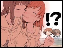 Rule 34 | !?, 4girls, black border, blouse, blush, border, braid, breasts, brown hair, closed eyes, collarbone, commentary request, fang, folded ponytail, food, food in mouth, grey sailor collar, hair ornament, hairclip, ham (points), hand on another&#039;s arm, ikazuchi (kancolle), inazuma (kancolle), kantai collection, kitakami (kancolle), kitakami kai ni (kancolle), long hair, long sleeves, multiple girls, o o, ooi (kancolle), ooi kai ni (kancolle), open mouth, orange eyes, pocky, pocky in mouth, sailor collar, school uniform, serafuku, shirt, short hair, small breasts, sweat, trembling, white serafuku, yellow sailor collar, yellow serafuku, yellow shirt, yuri