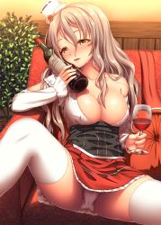 Rule 34 | 10s, 1girl, alcohol, areola slip, blush, bottle, breasts, brown eyes, couch, cup, cushion, drinking glass, drunk, grey hair, hat, highres, kantai collection, large breasts, long hair, nazu-na, panties, pantyshot, pola (kancolle), sitting, skirt, solo, spread legs, thighhighs, underwear, wavy hair, white thighhighs, wine, wine bottle, wine glass