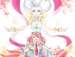Rule 34 | 2girls, bad id, bad pixiv id, bare shoulders, bloom diva the melodious choir, blue eyes, blush, bracelet, breasts, cleavage, closed eyes, dress, duel monster, flower, hair between eyes, hair flower, hair ornament, highres, hiiragi yuzu, jewelry, large breasts, medium breasts, multicolored hair, multiple girls, music, musical note, open mouth, petals, pink hair, ribbon, sash, short twintails, silver hair, simple background, singing, sleeveless, sleeveless dress, smile, tears, toake sakuya, twintails, two-tone hair, white background, white dress, yu-gi-oh!, yu-gi-oh! arc-v