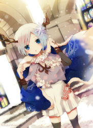 Rule 34 | 1girl, antlers, bad id, bad pixiv id, black thighhighs, blue eyes, capelet, dutch angle, hair ornament, holding, horns, looking at viewer, original, rano8, short hair, silver hair, solo, thighhighs, zettai ryouiki