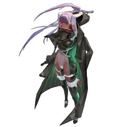 Rule 34 | 1girl, bodysuit, breasts, coat, fingerless gloves, full body, game cg, gloves, gun, highres, knife in mouth, large breasts, last origin, leotard, long hair, machine pistol, mouth hold, navel, official art, phantom (last origin), purple hair, red eyes, revealing clothes, rorobomb, see-through, solo, submachine gun, tachi-e, transparent background, uzi, weapon, white gloves