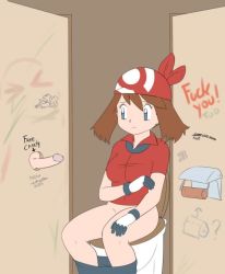 Rule 34 | blue eyes, brown hair, covering privates, creatures (company), game freak, glory hole, gloves, may (pokemon), nintendo, penis, pokemon, toilet, uncensored