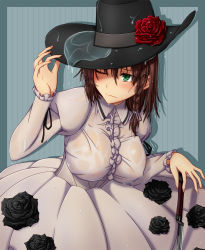 Rule 34 | 1girl, braid, breasts, brown hair, charlotte corday (fate), charlotte corday (third ascension) (fate), covered erect nipples, dress, fate/grand order, fate (series), flower, frills, green eyes, hasebe akira, hat, highres, knife, large breasts, nipples, one eye closed, rose, see-through, short hair, side braid, solo, water, wavy mouth, wet, wet clothes