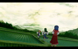 Rule 34 | 3girls, blonde hair, blue dress, blue skirt, cloud, cloudy sky, detached sleeves, double bogey, dress, forest, grass, green background, green hair, hair ornament, hair tubes, hands on own hips, hat, highres, japanese clothes, kochiya sanae, landscape, layered sleeves, leaf hair ornament, letterboxed, long hair, long skirt, long sleeves, miko, moriya suwako, mountain, mountainous horizon, multiple girls, nature, nontraditional miko, outdoors, pointing, puffy short sleeves, puffy sleeves, purple hair, purple vest, red shirt, red skirt, rice paddy, rope, sandals, scenery, shimenawa, shirt, short hair, short over long sleeves, short sleeves, skirt, sky, touhou, tree, vest, wallpaper, white legwear, white shirt, yasaka kanako