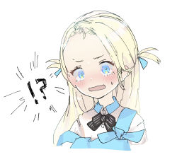 Rule 34 | !?, 1girl, apron, black ribbon, blonde hair, blue apron, blue archive, blue eyes, blush, collared shirt, emphasis lines, forehead, highres, looking ahead, open mouth, portrait, ribbon, shirt, short eyebrows, short sleeves, simple background, sk39z, sketch, solo, sora (blue archive), strap slip, striped ribbon, surprised, sweat, two side up, upper body, white background, white shirt