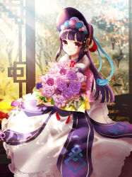 Rule 34 | 1girl, architecture, blunt bangs, blurry, bouquet, brown flower, brown rose, capelet, commentary request, depth of field, east asian architecture, eyeshadow, flower, fur-trimmed capelet, fur trim, genshin impact, hair ornament, hairband, highres, indoors, lolita hairband, long hair, long sleeves, looking at viewer, makeup, purple hair, raramente, red eyes, rose, sidelocks, smile, solo, yun jin (genshin impact)