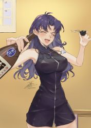 Rule 34 | 1girl, :d, alcohol, armpits, bare legs, black dress, blue hair, blush, bottle, breasts, choko (cup), cowboy shot, cross, cross necklace, cup, dress, earrings, closed eyes, fadingz, female focus, highres, holding, holding bottle, holding cup, jewelry, katsuragi misato, large breasts, long hair, narrow waist, necklace, neon genesis evangelion, open mouth, pixiv id, sake, sake bottle, short dress, signature, sleeveless, smile, solo, spilling, table, thighs, zipper dress