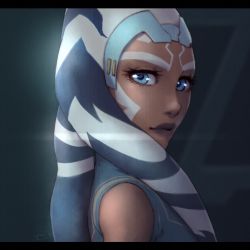 Rule 34 | 1girl, ahsoka tano, animification, blue eyes, blue hair, colored skin, commentary, english commentary, eyelashes, facial tattoo, hair over shoulder, lens flare, letterboxed, lips, looking back, multicolored hair, orange skin, sleeveless, solo, star wars, star wars: rebels, star wars: the clone wars, tattoo, tentacle hair, togruta, two-tone hair, white hair, yachibi