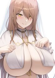 Rule 34 | 1girl, between breasts, blush, breasts, brown hair, cleavage, diisuke, earrings, jewelry, large breasts, long hair, necklace, nijisanji, nui sociere, nui sociere (6th costume), simple background, smile, solo, underwear, veil, virtual youtuber, white background, yellow eyes