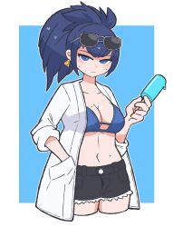 Rule 34 | 1girl, black shorts, blue eyes, blue hair, bra, breasts, chibi, cleavage, earrings, eyewear on head, food, hands in pockets, highres, holding, holding food, holding popsicle, jacket, jewelry, large breasts, leona heidern, medium breasts, mini person, navel, oscar get, ponytail, popsicle, shorts, solo, summer, sunglasses, swimsuit, the king of fighters, triangle earrings, underwear