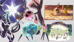 Rule 34 | araquanid, closed mouth, commentary request, creatures (company), dewpider, evolutionary line, game freak, gen 7 pokemon, glowing, highres, minior, morelull, nintendo, no humans, odo 7ta, palossand, pokemon, pokemon (creature), sand, shiinotic, shore, signature, smile, ultra beast, water, xurkitree