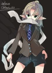Rule 34 | 1girl, alternate costume, aoi kujira, bad id, bad twitter id, blazer, blonde hair, covered mouth, green eyes, jacket, mizuhashi parsee, necktie, pointy ears, ponytail, solo, touhou