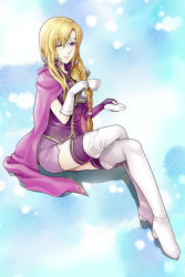 Rule 34 | 1girl, armor, asymmetrical gloves, blonde hair, blue background, boots, bracer, braid, breasts, cape, crossed legs, cup, dress, fingerless gloves, fire emblem, fire emblem: the blazing blade, full body, gloves, hair between eyes, highres, lips, long hair, looking at viewer, louise, miniskirt, mismatched gloves, nintendo, one eye closed, purple eyes, purple gloves, purple thighhighs, saucer, side braid, sitting, skirt, smile, solo, teacup, thigh boots, thighhighs, thighhighs under boots, white gloves, white thighhighs, yuino (fancy party), zettai ryouiki
