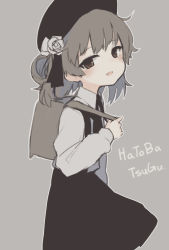 Rule 34 | 1girl, :d, backpack, bag, beret, black hat, black ribbon, black skirt, blush, brown background, brown eyes, brown hair, character name, collared shirt, commentary request, copyright name, darnell, fang, flower, hair flower, hair ornament, hair rings, hat, hatoba tsugu, head tilt, highres, holding, long sleeves, mole, mole under eye, open mouth, ribbon, rose, shirt, simple background, skirt, smile, solo, suspender skirt, suspenders, virtual youtuber, white flower, white rose, white shirt